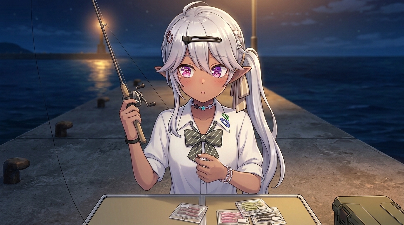 夜の釣り場で、繊細なアジングロッドを使い、リフト＆フォールのアクションを試みる、銀髪の女の子のアニメイラスト。視線は水面のラインに集中しています。