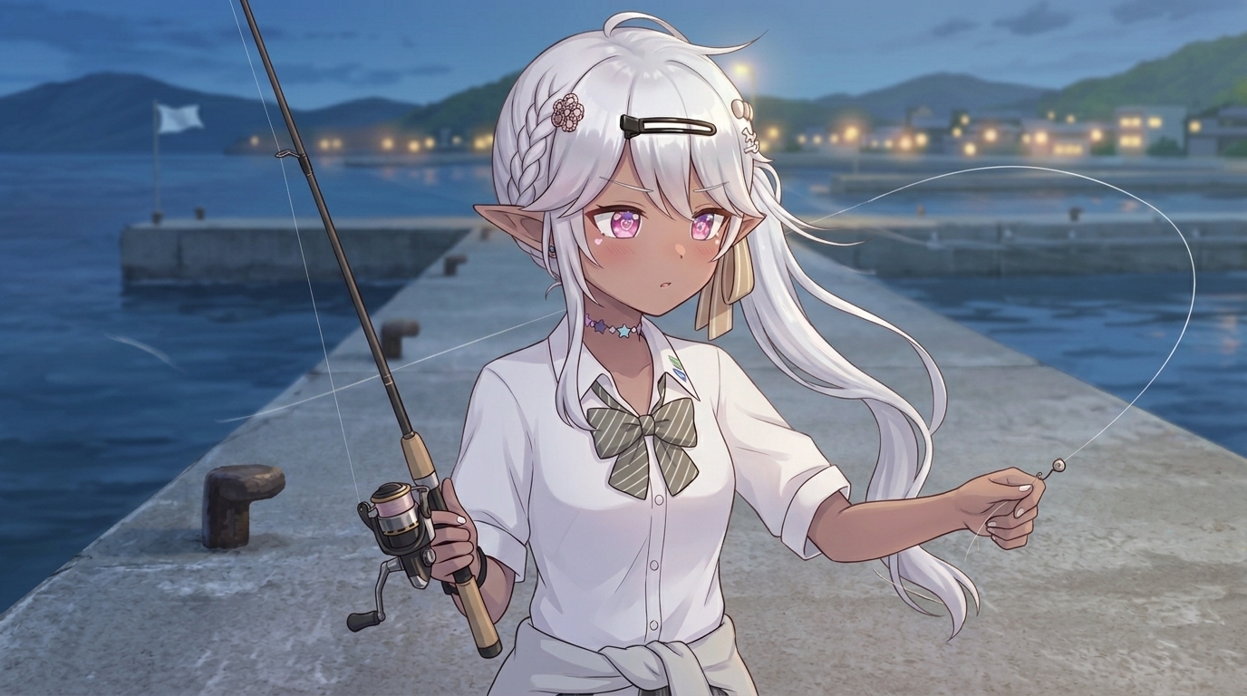 アジングにおいて大敵となる風と、それがキャストに与える影響を表現した挿絵。風が強く吹く釣具店前の堤防で、軽量なジグヘッドと極細ラインが風に煽られてうまく飛ばない様子を描いている。