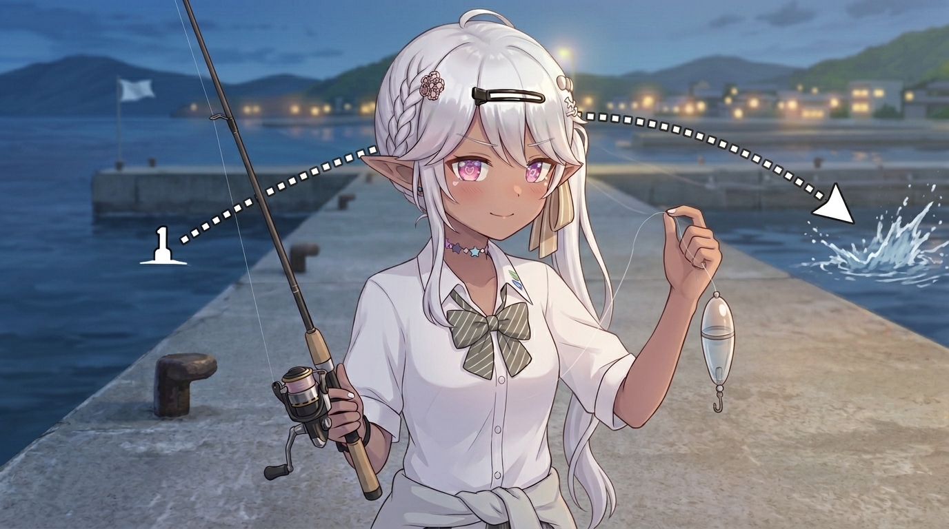 アジングで劇的に飛距離を伸ばすキャロライナリグやフロートリグの仕組みと、それを用いた遠投の様子を表現した挿絵。キャラクターが CONFIDENT な表情で遠投に成功している。