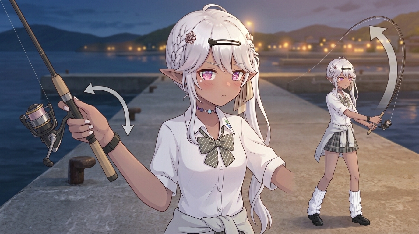 アジングで軽量ジグヘッドを飛ばすための「ワンハンドキャスト」の基本フォームと手首の使い方を、テキストなしの視覚的なダイアグラムで解説した挿絵。肘を支点にしたコンパクトな振りを表現している。