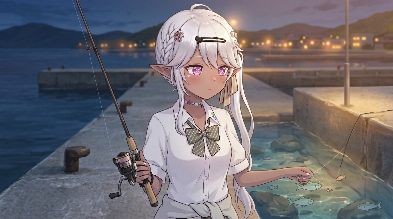 アジングで遠くへ飛ばない状況を逆手に取り、足元のストラクチャーや明暗を狙う近距離攻略の重要性を表現した挿絵。キャラクターが防波堤の際を丁寧に探っている。