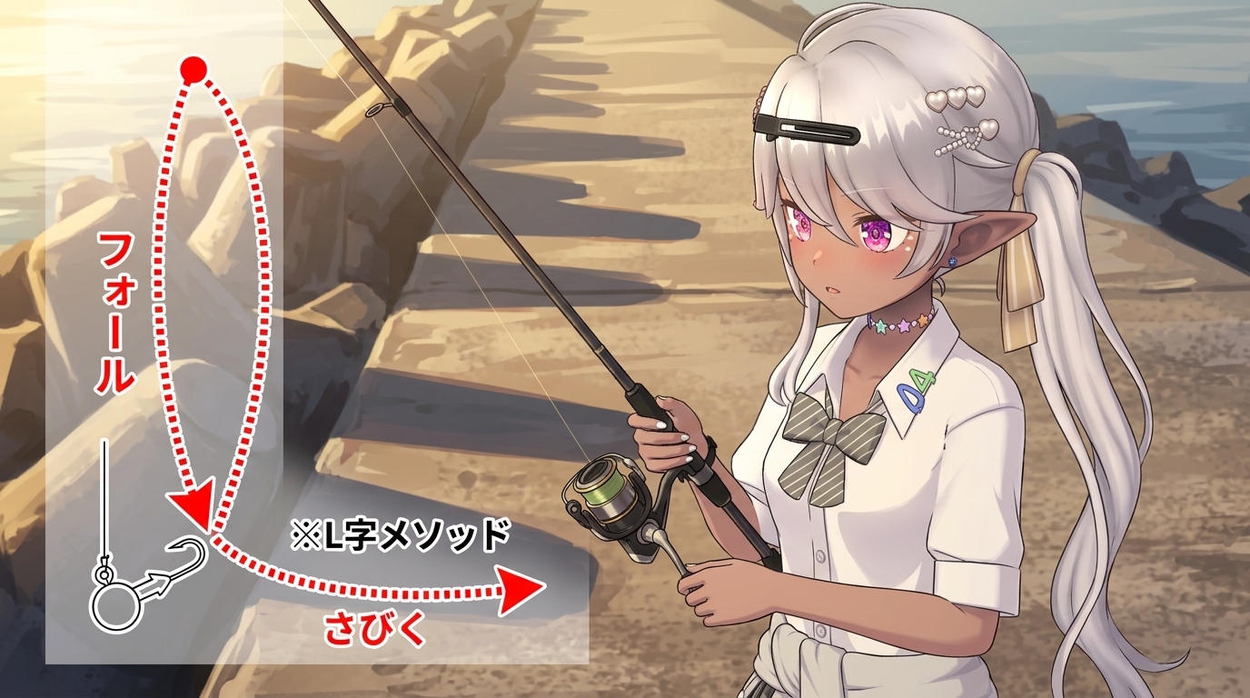 アジングのL字メソッドにおけるジグヘッドの軌道を説明する、アニメイラスト。垂直フォールから水平移動へのL字型の動きが赤い矢印で示され、参照画像と同一のキャラクターが釣り竿を持ってその動きを確認している。