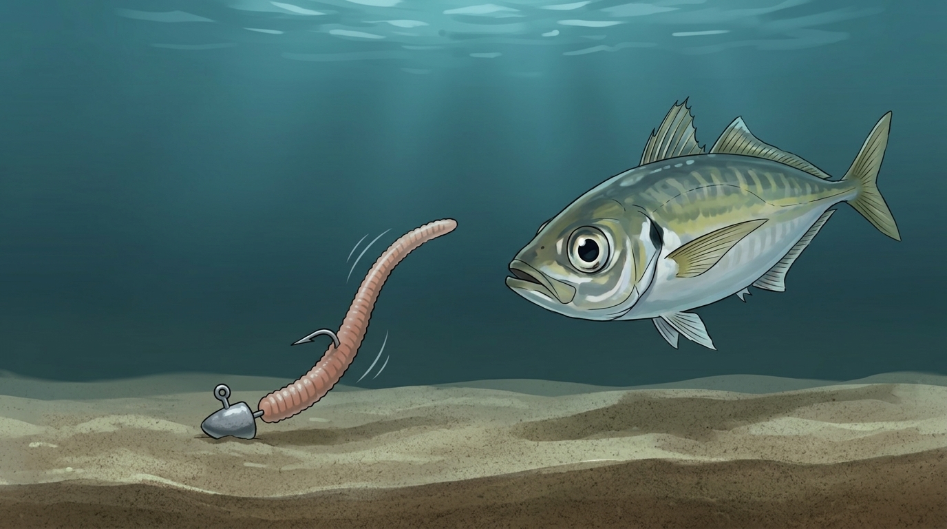 アジングにおけるボトムステイのイメージ図。海底で潮の流れに任せて自然に揺らめくワームと、それを見つめるアジ。