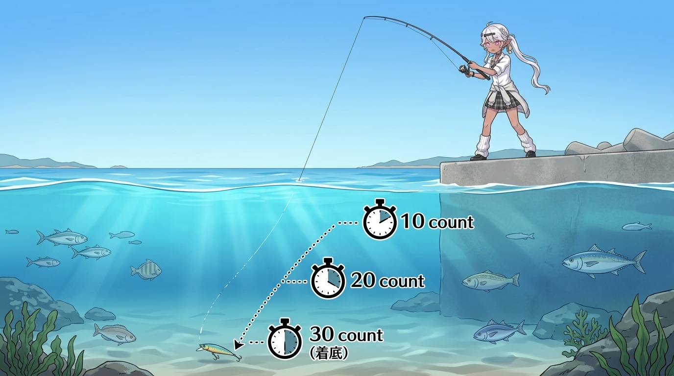 アジングにおけるカウントダウンで水深を把握するイメージ図