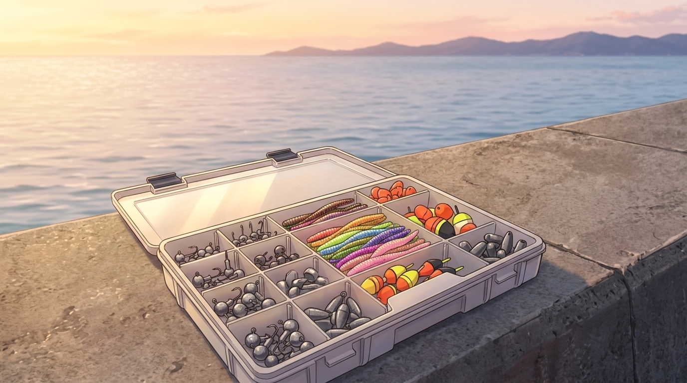 アジングリグの各種アイテムが整理されたタックルボックスと夕暮れの海