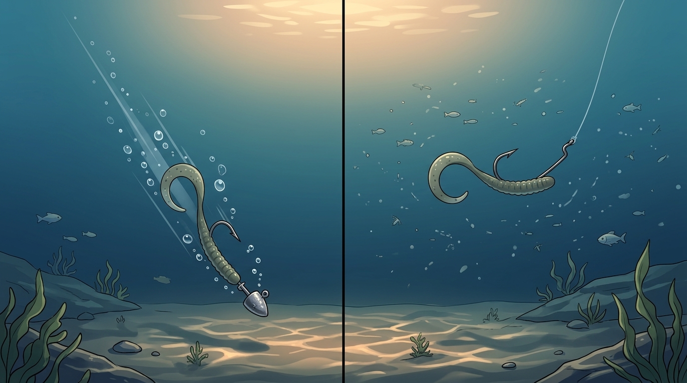 ジグヘッド単体とノーシンカーリグの水中での動きと自然さの比較図