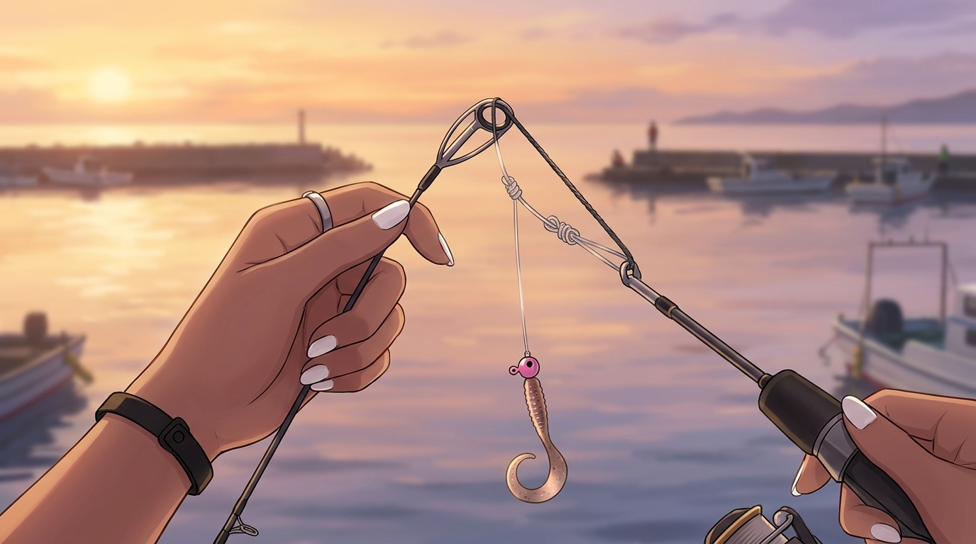 アジングロッドのトップガイドから30cmの最適な長さで垂れ下がるリーダーとジグヘッド