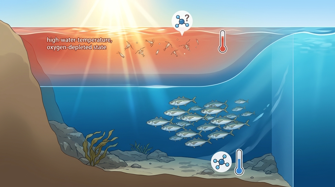 夏のアジングで釣れない原因となる海面水温の上昇とアジの深場への移動を示す海中断面図