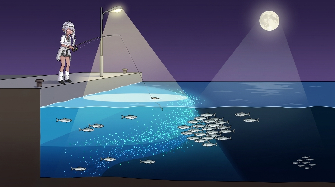 夜のアジングで釣れない原因となる環境要因（常夜灯、月明かり、プランクトン）の科学的図解