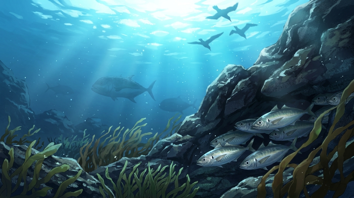 昼間の海中で外敵を警戒して海底の岩陰に身を潜めるアジのイメージ図