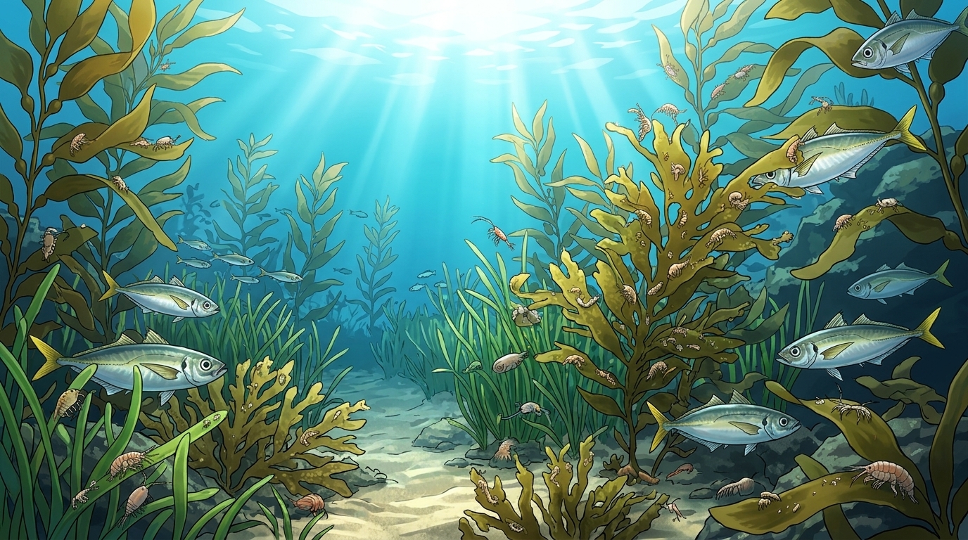 海藻が生い茂るウィードエリアにアジや小魚が集まる生態系を示す海中イラスト