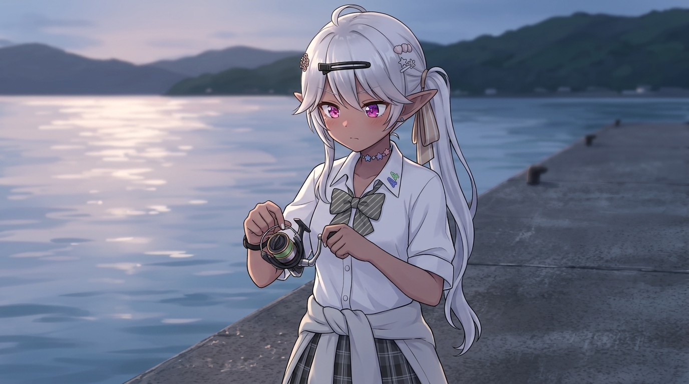 アジングリールのドラグノブを調整する、集中した表情のエルフの女子高生アバターキャラクター。夕暮れの波止場が背景。