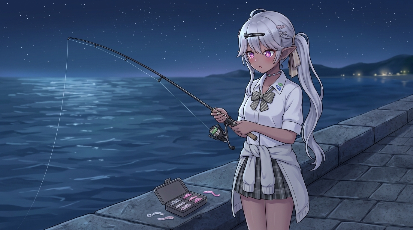 アジングの「アミパターン」を学ぶ、銀髪エルフ耳の女子高生アングラー。タックルボックスにはアミ（プランクトン）を模した極小ワームが見える。
