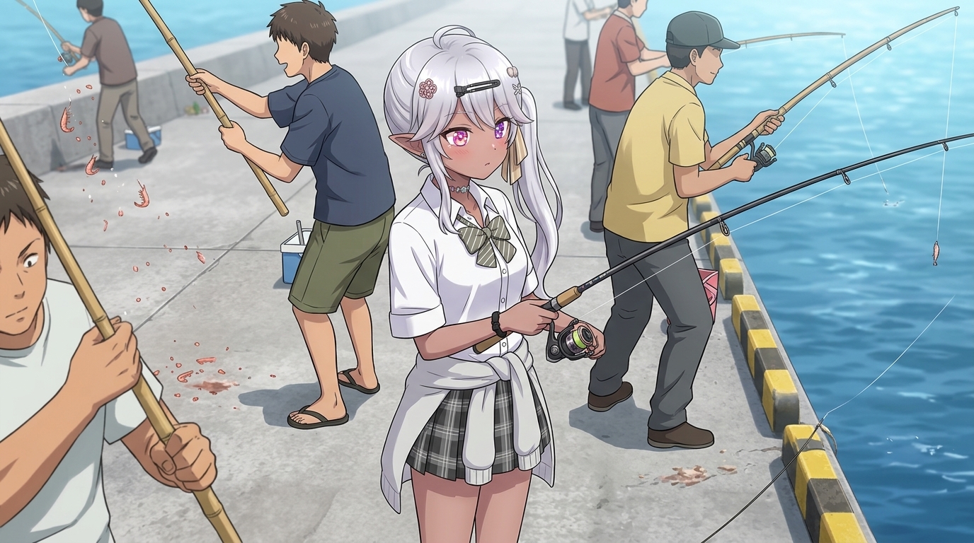 サビキ釣りのコマセが撒かれる堤防に、軽量タックルで立つアバター。