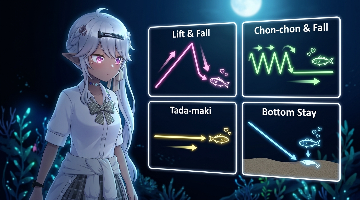 夜のアジングにおける代表的な4つのアクション（リフト＆フォール、トゥイッチ、ただ巻き、ボトムステイ）の軌跡を図解したインフォグラフィック