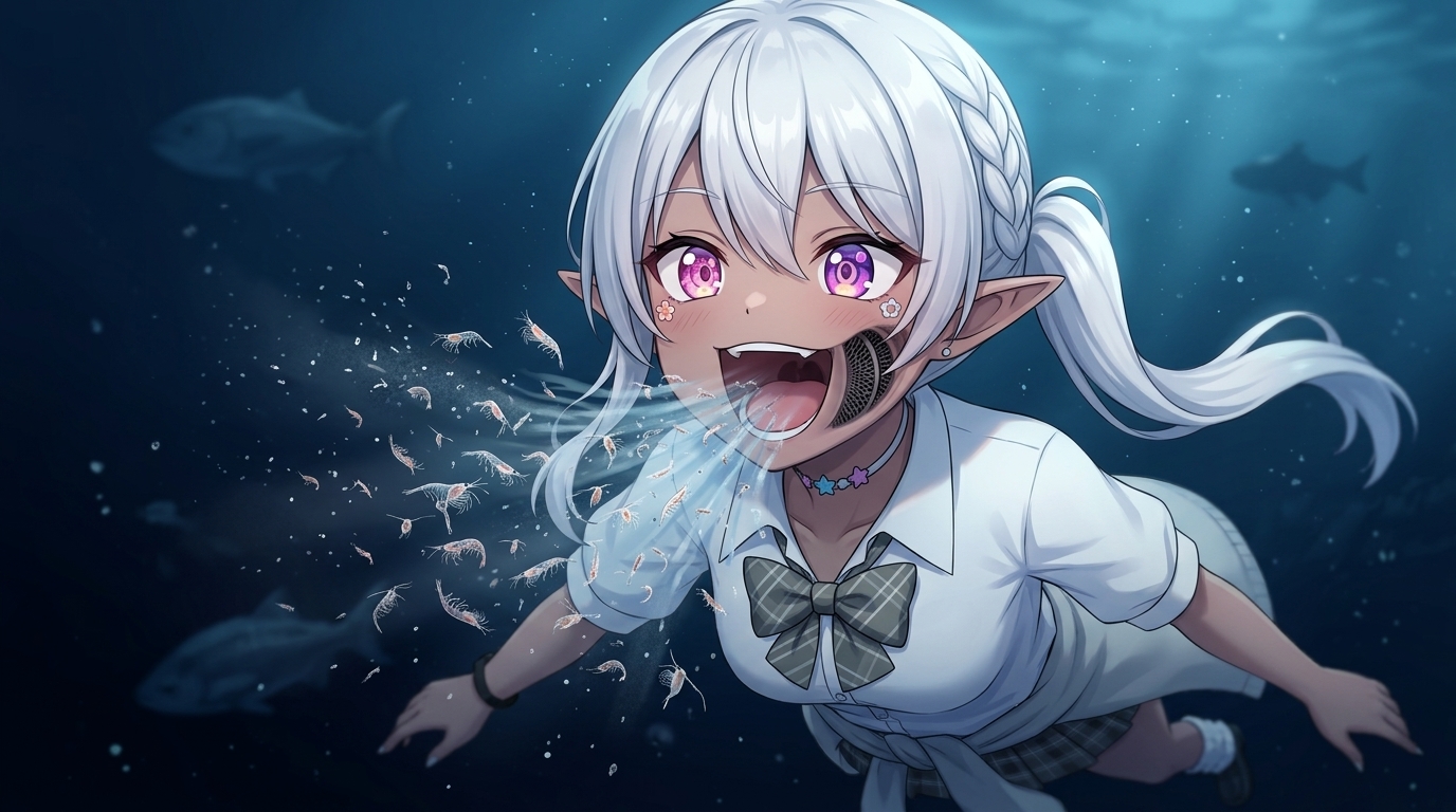 プランクトンの塊を海水ごと吸い込んで捕食するアジの生態図解