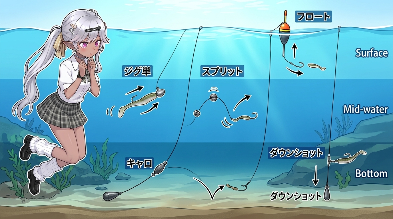5種類のアジングリグの水中での動きと狙う水深のイメージ図