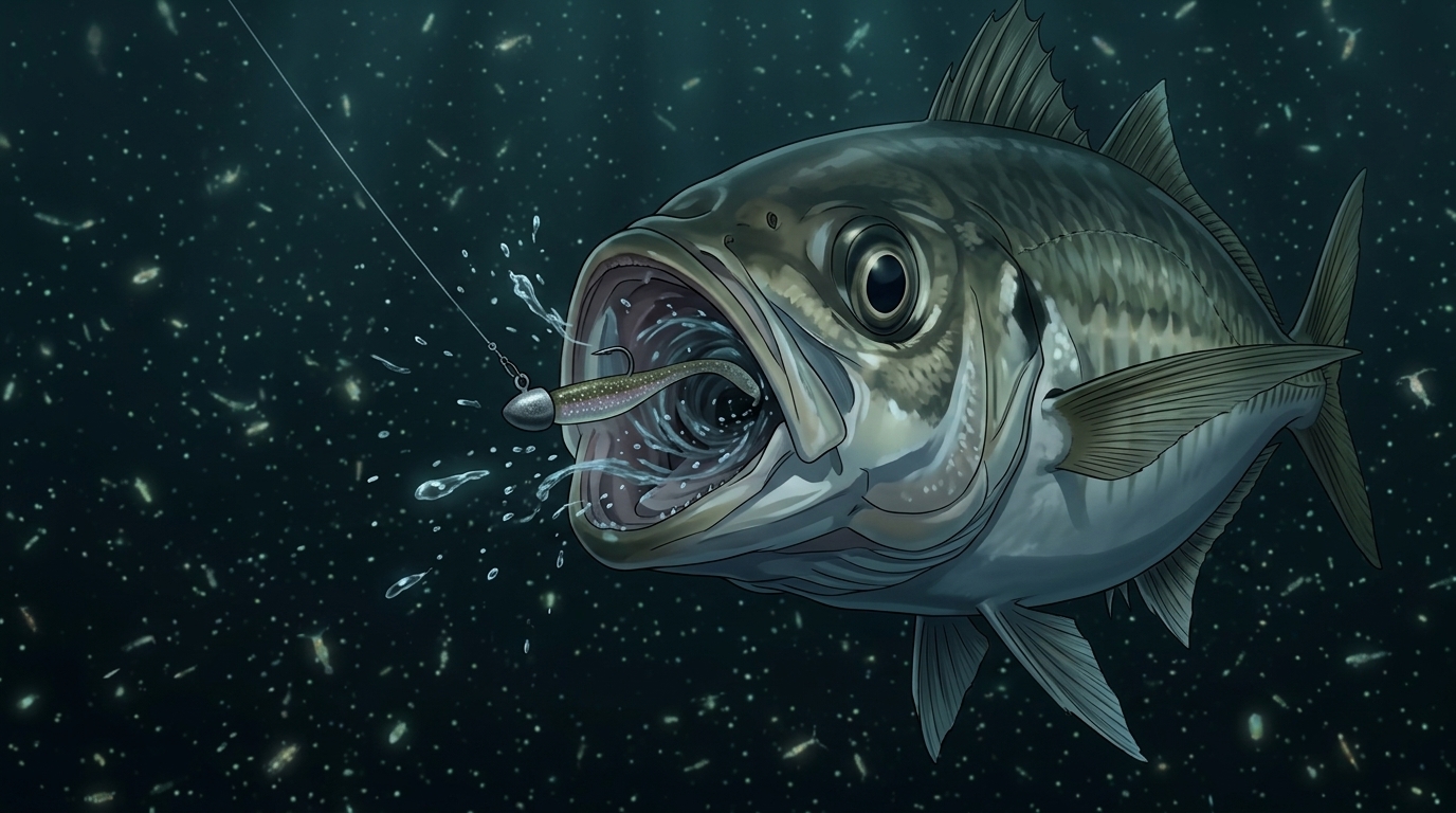 アジが違和感なくルアーを吸い込む捕食行動の海中イメージ