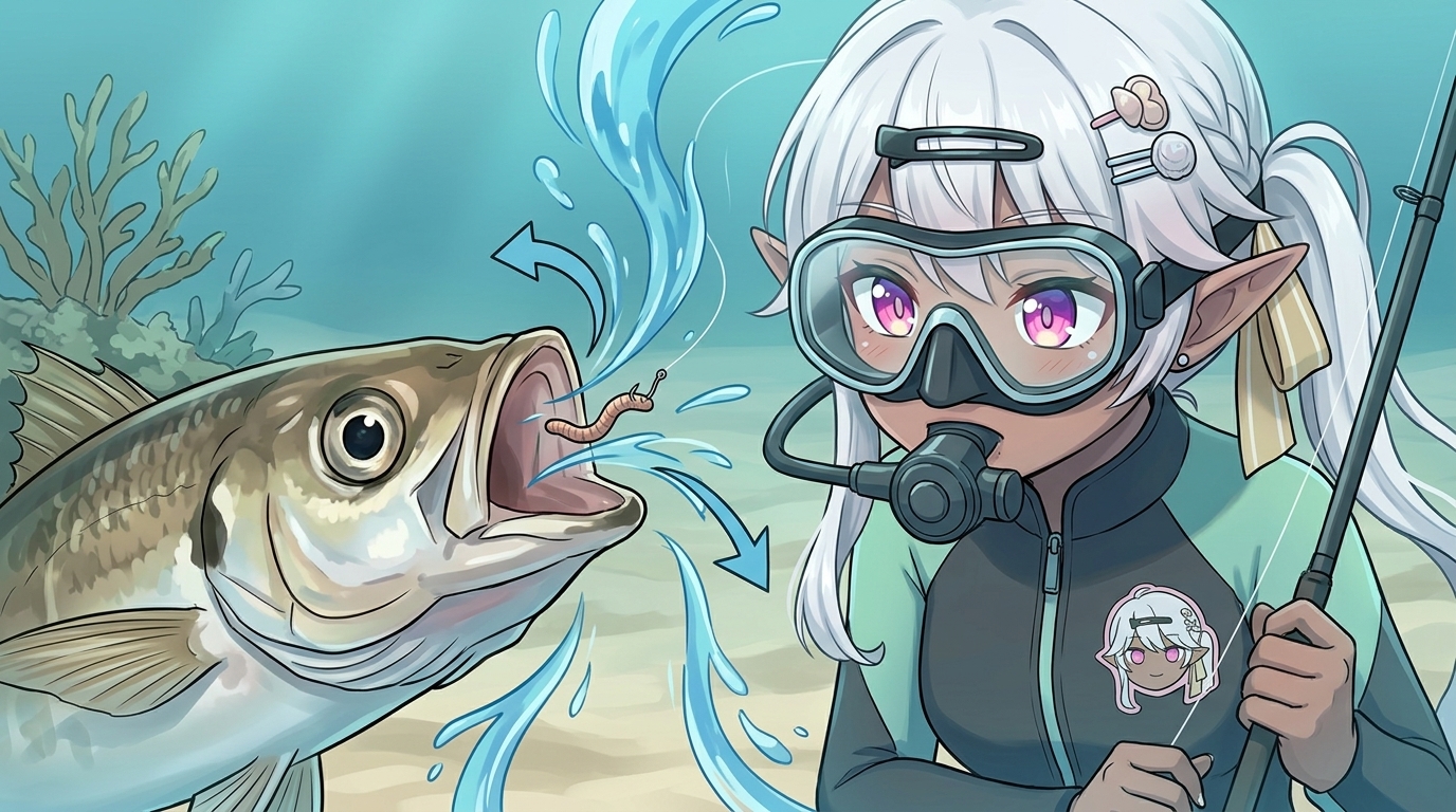 オモリの抵抗がないノーシンカーリグがアジの口の奥まで深く吸い込まれるメカニズムの図解