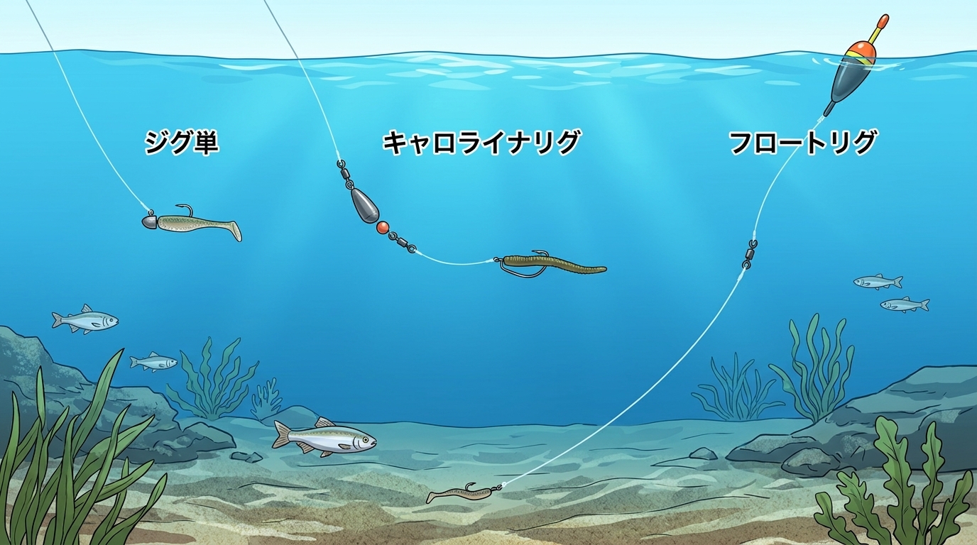 ジグ単、キャロライナリグ、フロートリグにおけるリーダーの長さの違いを示す水中比較図