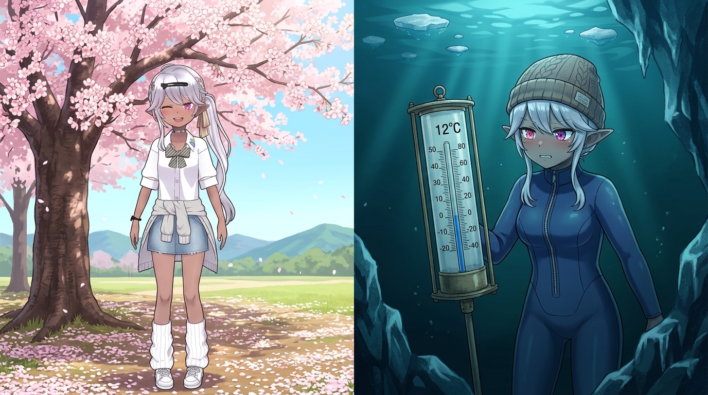 地上の春と海中の冬のタイムラグを示す対比イラスト