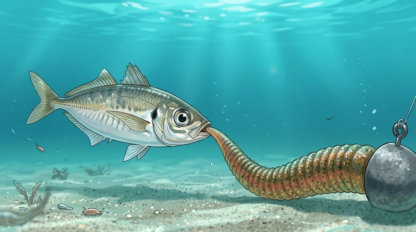 豆アジの小さな口に対して大きすぎるワームとジグヘッドのミスマッチを示すイラスト