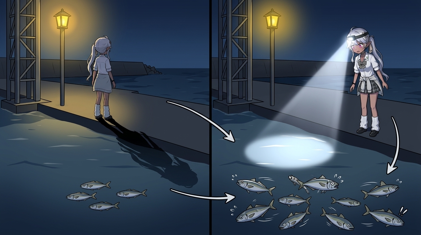 海面を照らすライトや人影でアジが警戒して散ってしまうNG行動の図解