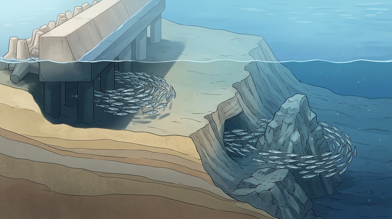 デイアジングで狙うべき海底の地形変化（ブレイク・シモリ）とシェード（影）の図解