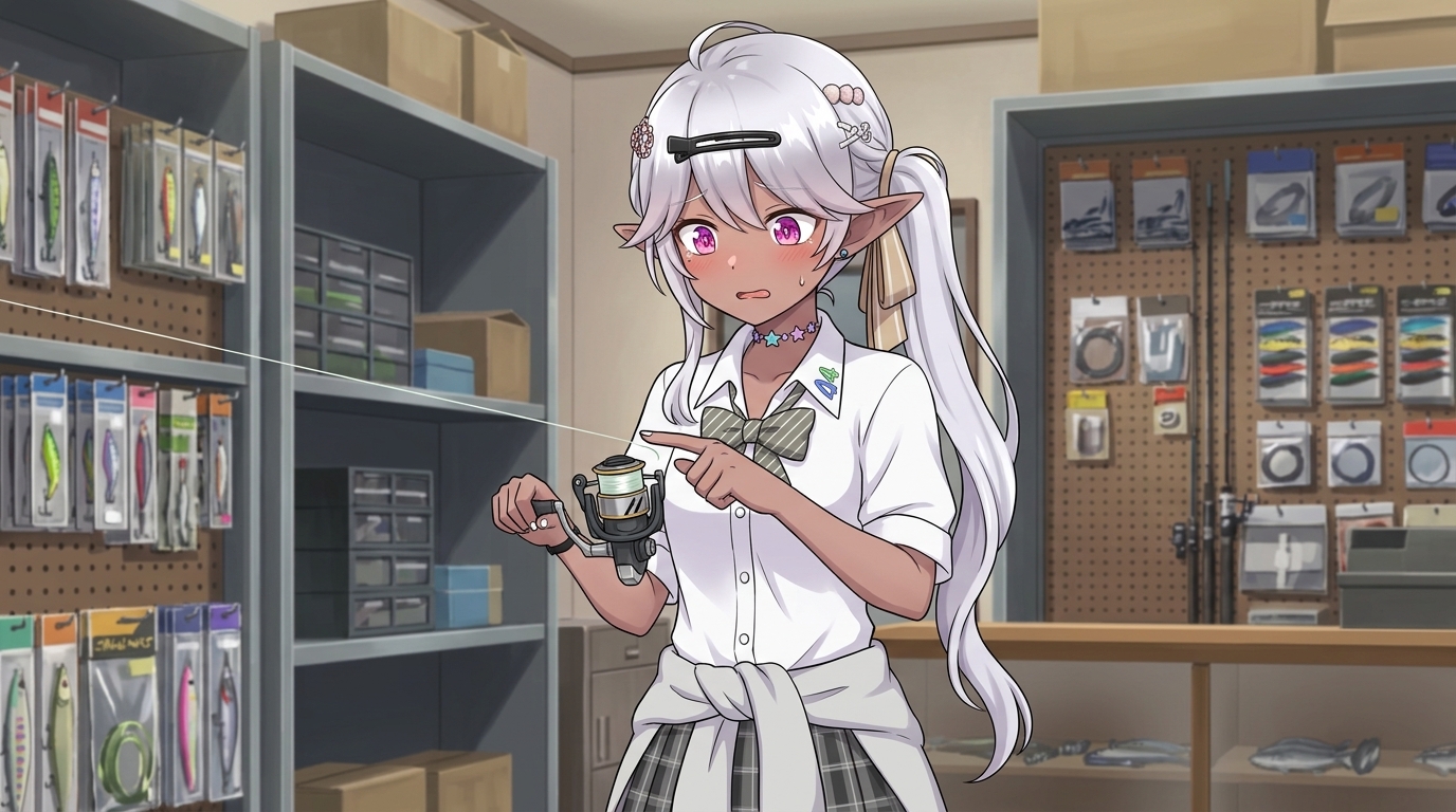 ゆるゆるのドラグ設定でラインが簡単に出てしまい、困った表情を浮かべるエルフの女子高生キャラクター。フッキングの力が逃げている様子を視覚化。