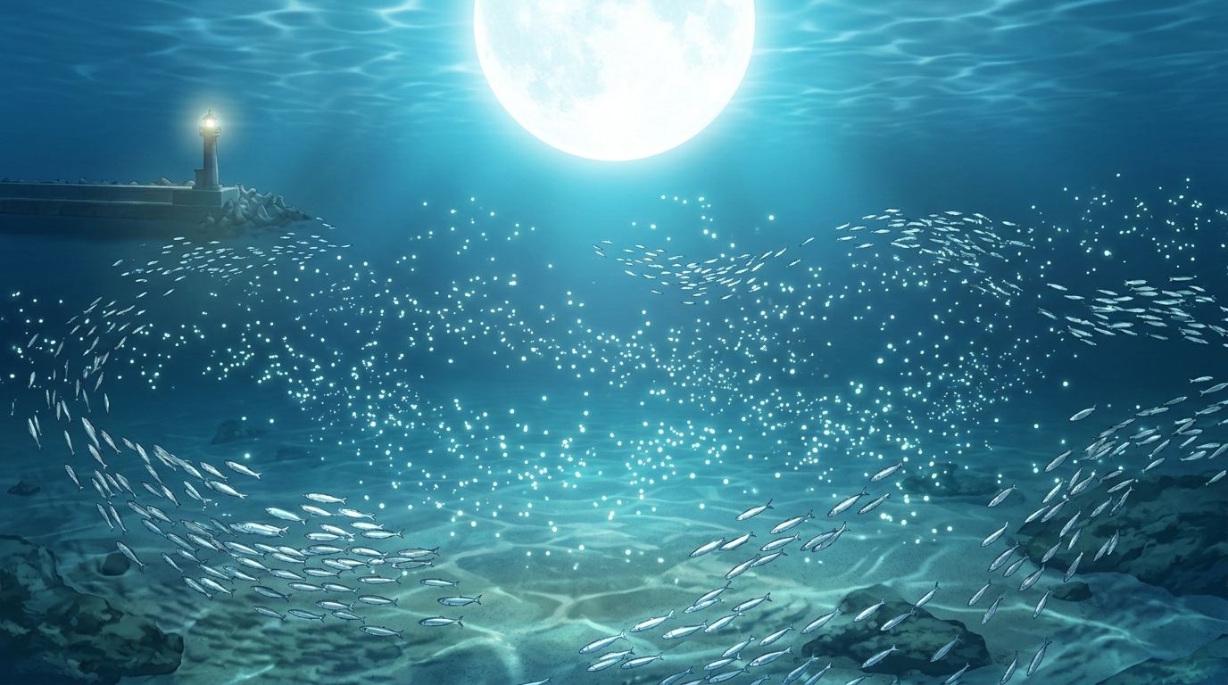 満月により常夜灯の明暗がぼやけ、プランクトンとアジが分散する様子