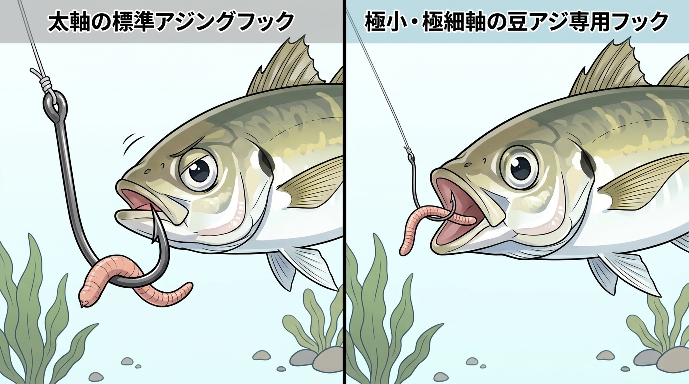 標準サイズのアジングフックと豆アジ専用の極小・細軸フックの吸い込み比較図