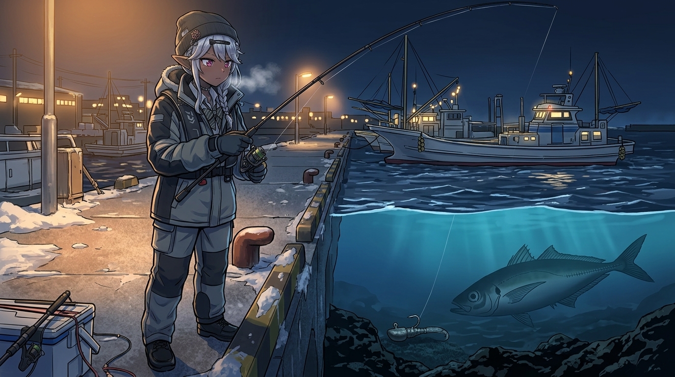 冬のアジングで防寒対策をして深場のボトムを狙うアングラーと海中の尺アジ