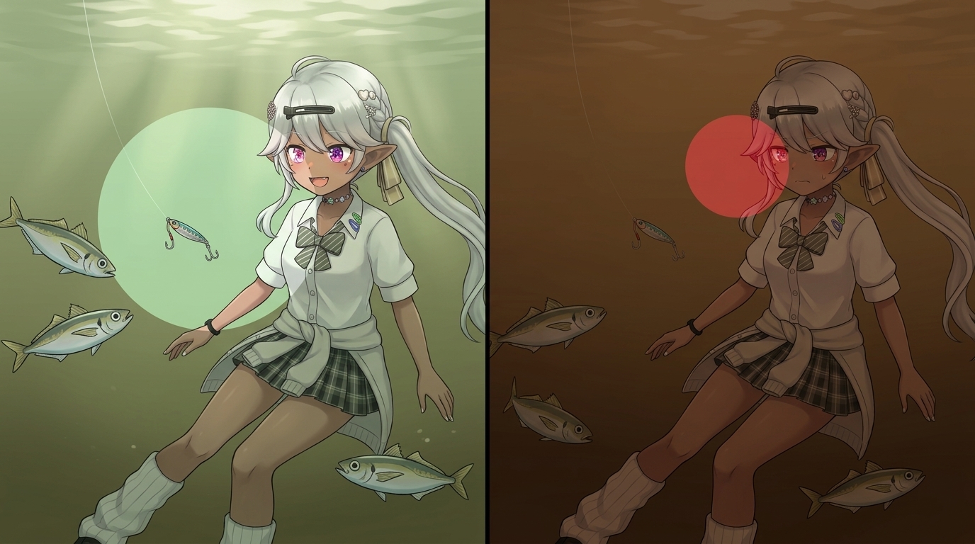 笹濁りと泥濁りにおけるアジの視界とルアーへの反応の違い