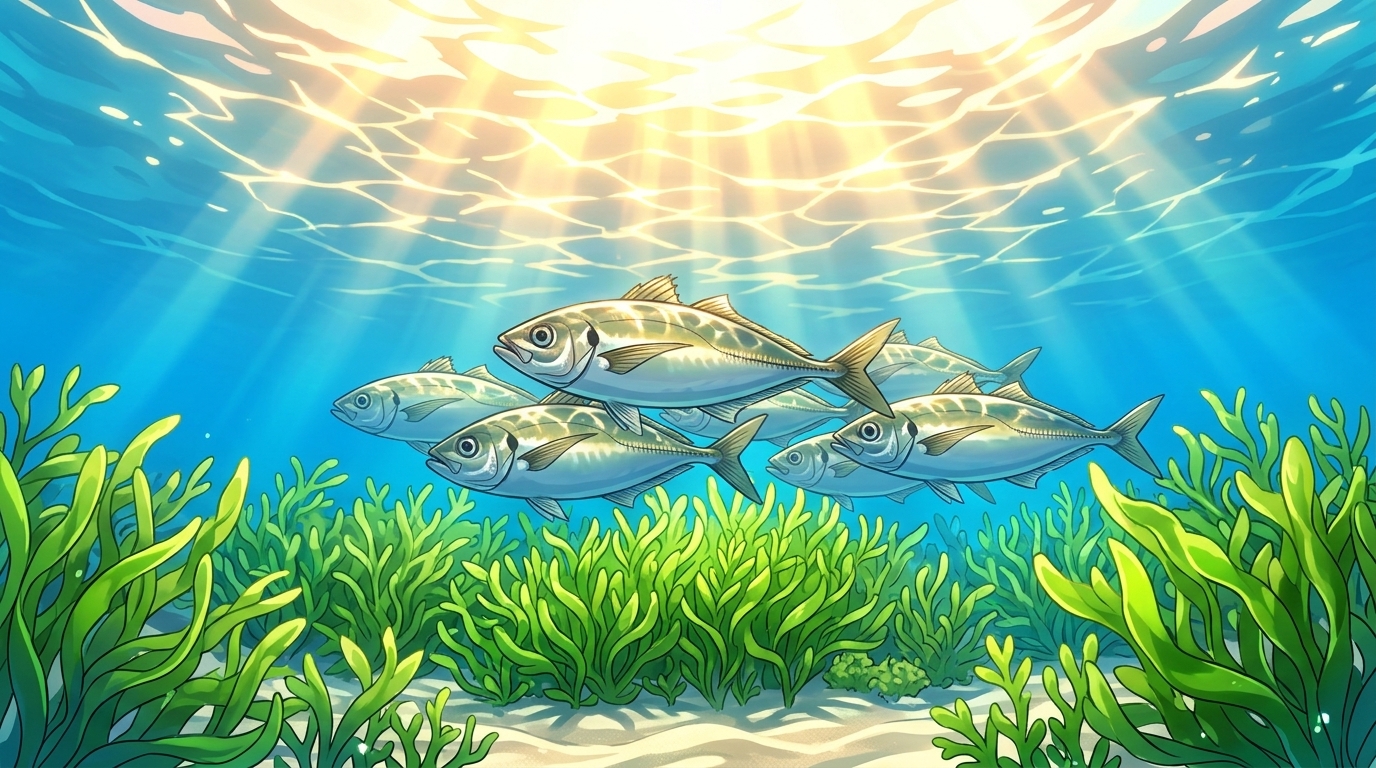 春の明るい海中で若い海藻の周りを泳ぐコンディションの良い大型アジ