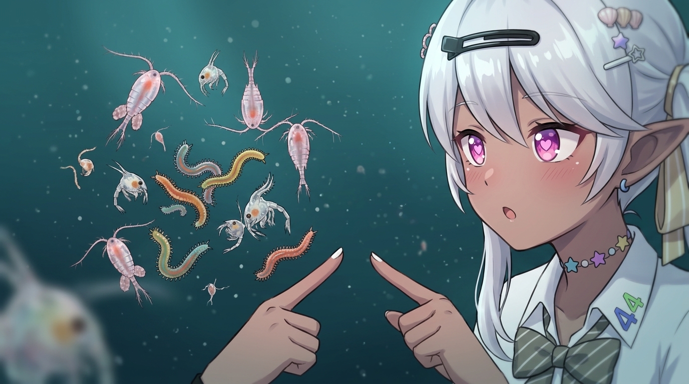 アジングのアミパターンの正体である様々な動物プランクトン（カイアシ類、ゾエア幼生、多毛類など）と、それを観察する銀髪エルフ耳の女子高生。