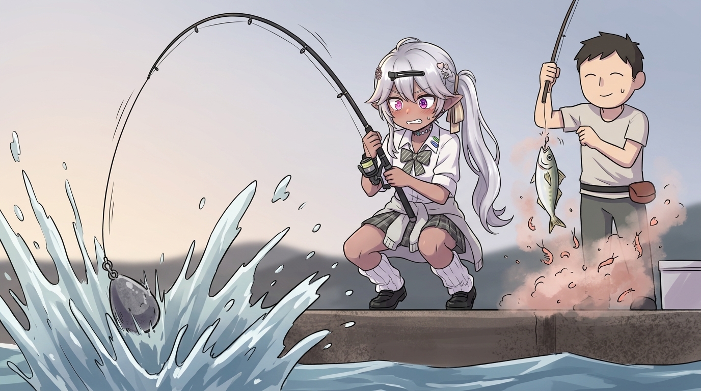 サビキ釣りの横で、重い仕掛けを不自然に動かし焦るアバター。