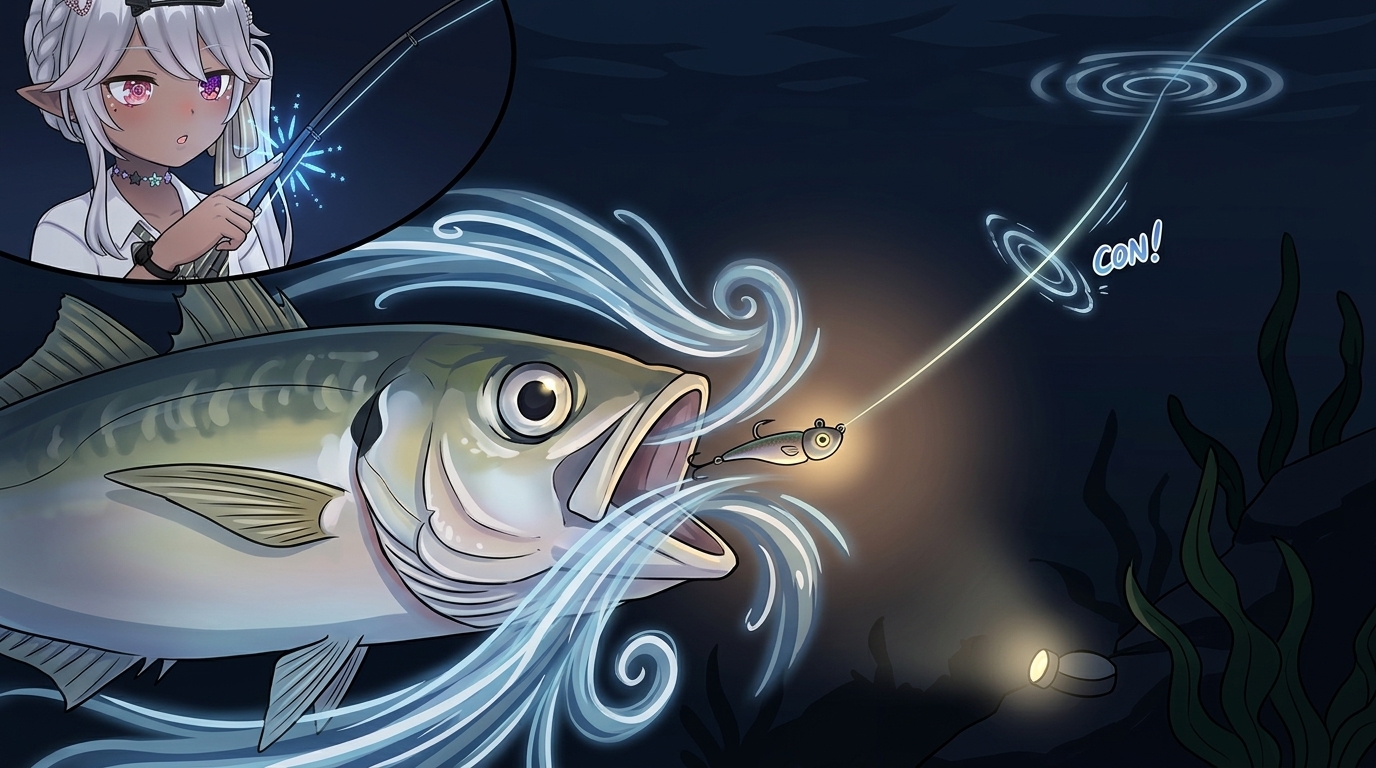 テンションフォール時にアジがルアーを吸い込む水流と、アタリが張られたラインを伝わって手元に届くメカニズムの解説図