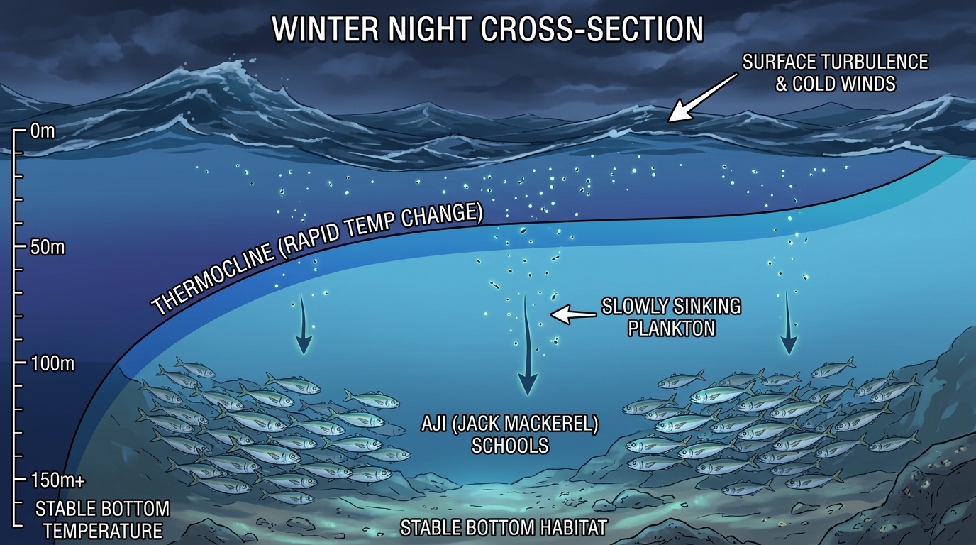 冬季や潮止まりにおけるアジの行動パターン。表層を避けてボトム付近に群れが固まり、沈降するプランクトンを捕食する様子。