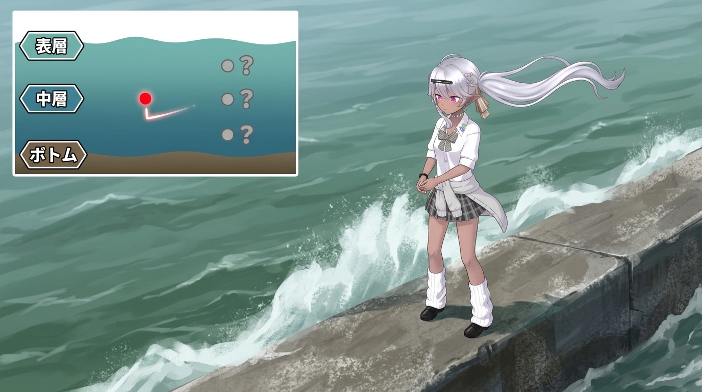 アジングにおけるレンジキープの重要性を説明する、アニメイラスト。風が吹く荒れた堤防に立つ参照画像と同一のキャラクターと、水中のレンジ（深さ）を正確にトレースするジグヘッドの動きを示す断面図が描かれている。