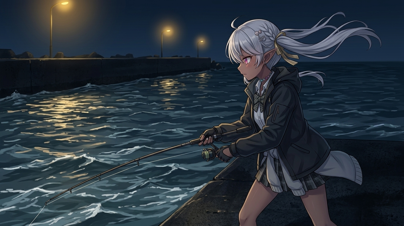 強風時のアジングでロッドティップを下げて風の抵抗を減らすラインメンディングの姿勢