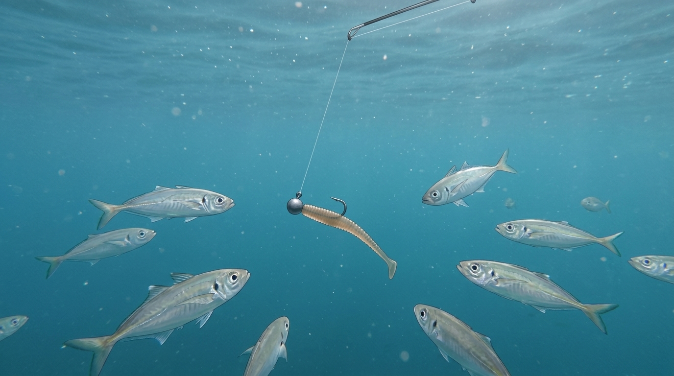 海中でラインが張られた状態のシンプルなジグヘッドリグと近づくアジ