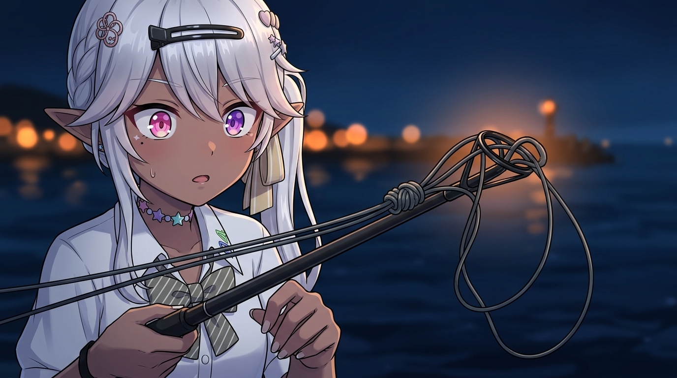 長すぎるリーダーの結び目がアジングロッドのトップガイドに干渉して糸絡みしそうになっているトラブルの様子