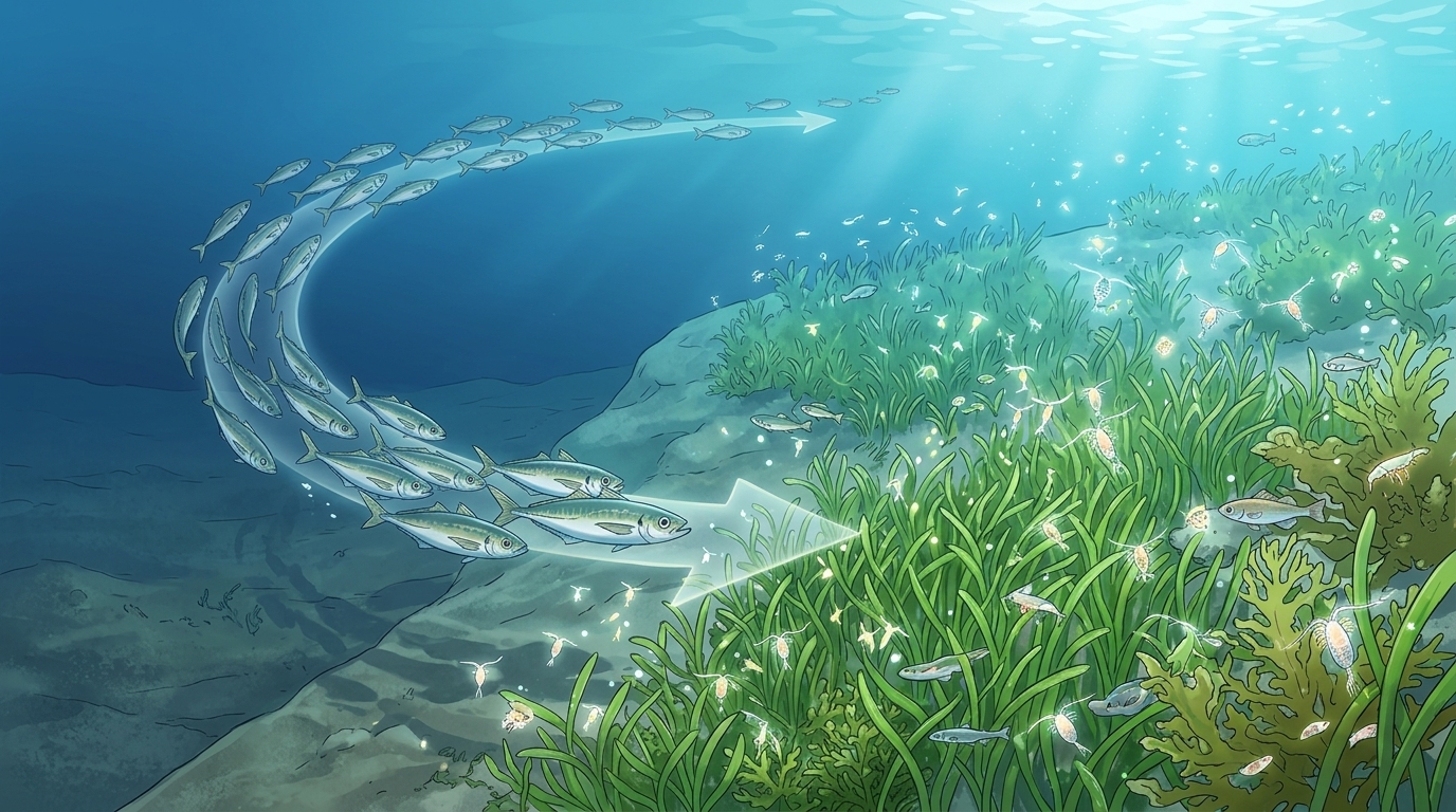 産卵期に沖の深場から沿岸の浅場へ接岸するデカアジの移動図