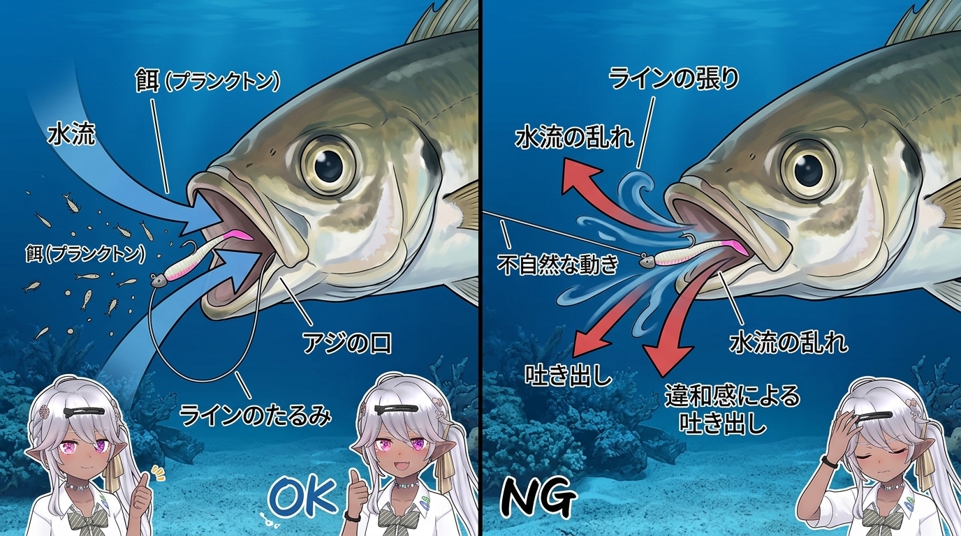 アジがプランクトンを吸い込んで捕食するメカニズムとアワセの図解