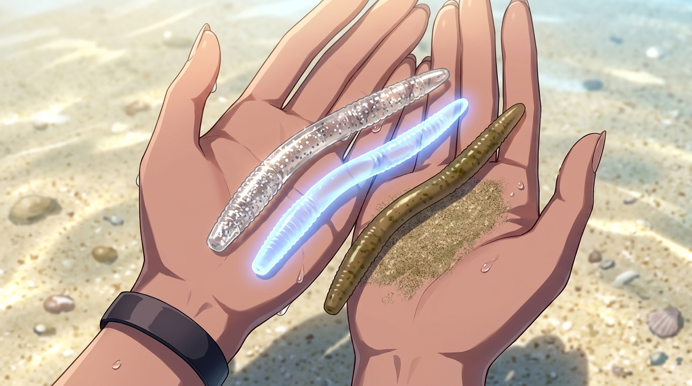 昼間のアジングに有効なクリア系・ケイムラ系・保護色系のワームカラー比較