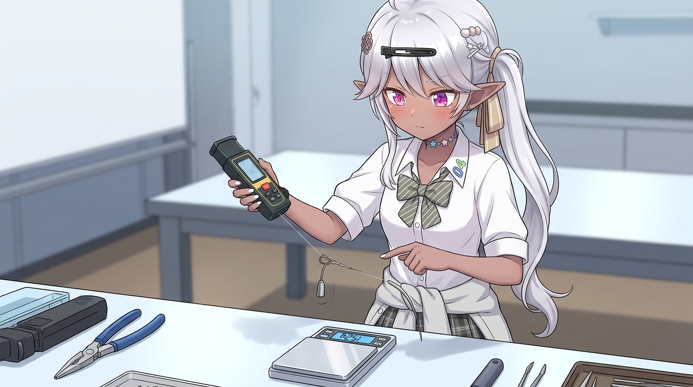 ワークショップでデジタルスケールを使い、アジングリールのドラグテンション（100〜200g）を正確に測定するエルフの女子高生キャラクター。