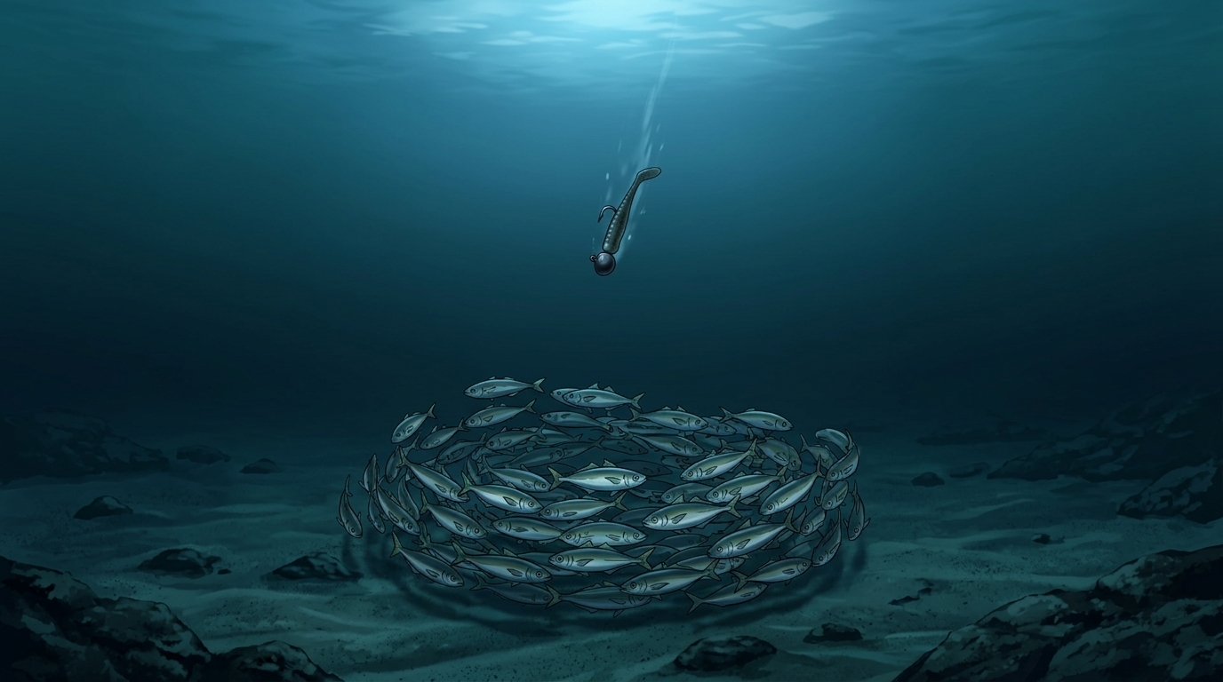 月明かりを避けて海底の暗がり（ボトム）に沈むアジの群れとフォールするルアー