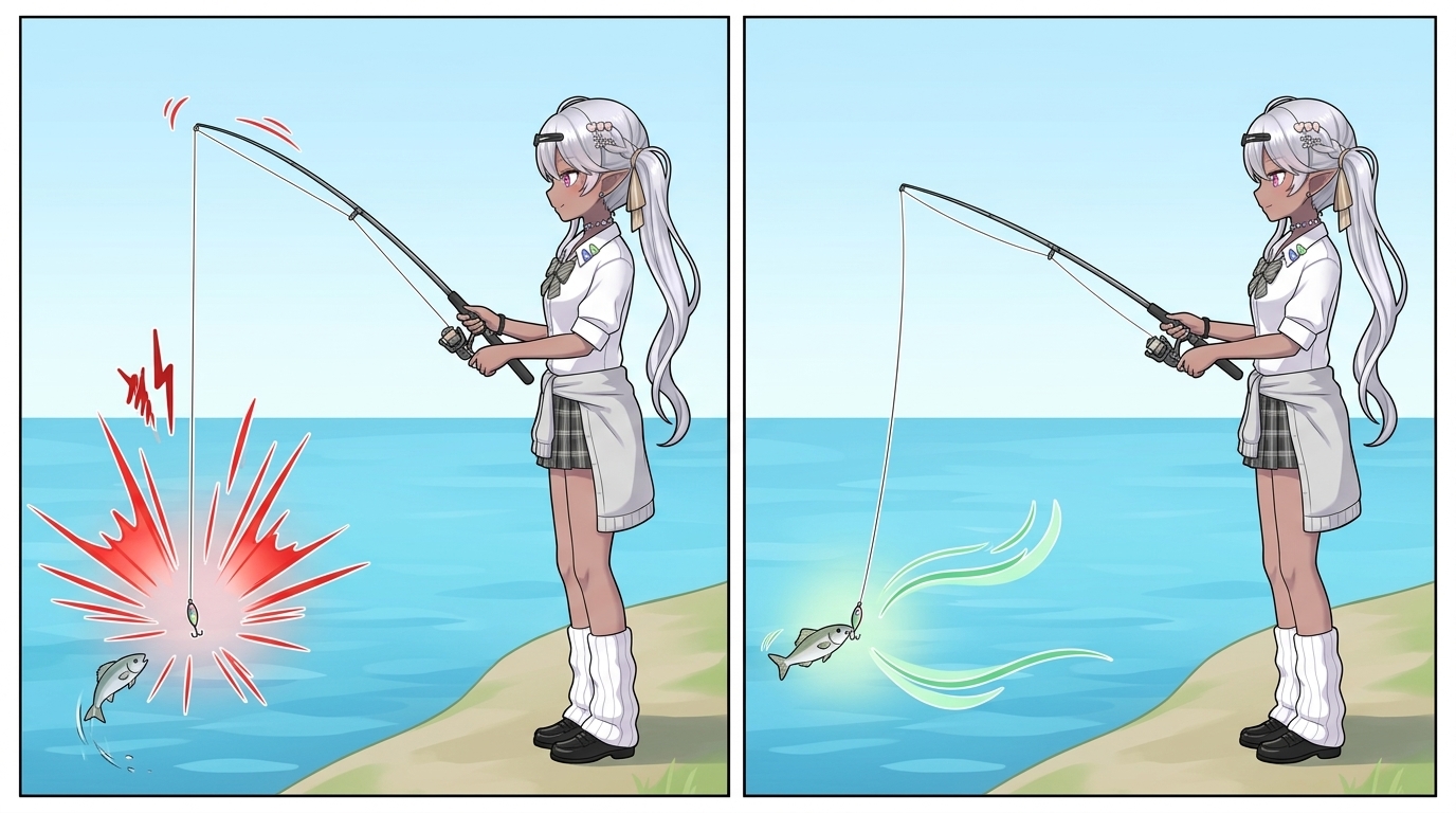 豆アジングにおけるラインテンションの張りすぎ（NG）とゼロテンション（OK）の比較