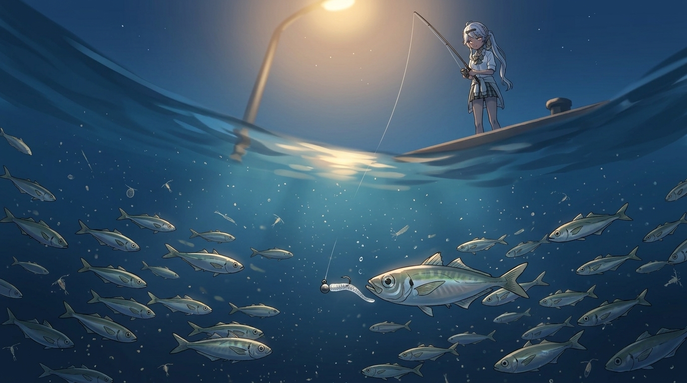 夏の豆アジの小さな口と極小サイズの専用ジグヘッド・ワームの対比イラスト