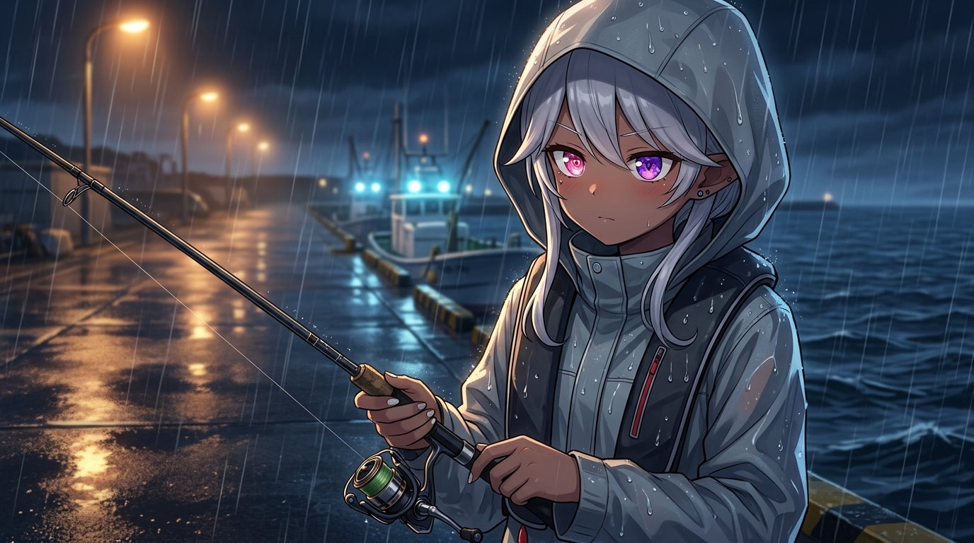 雨の夜の漁港でアジングの攻略法を実践する熟練アングラー